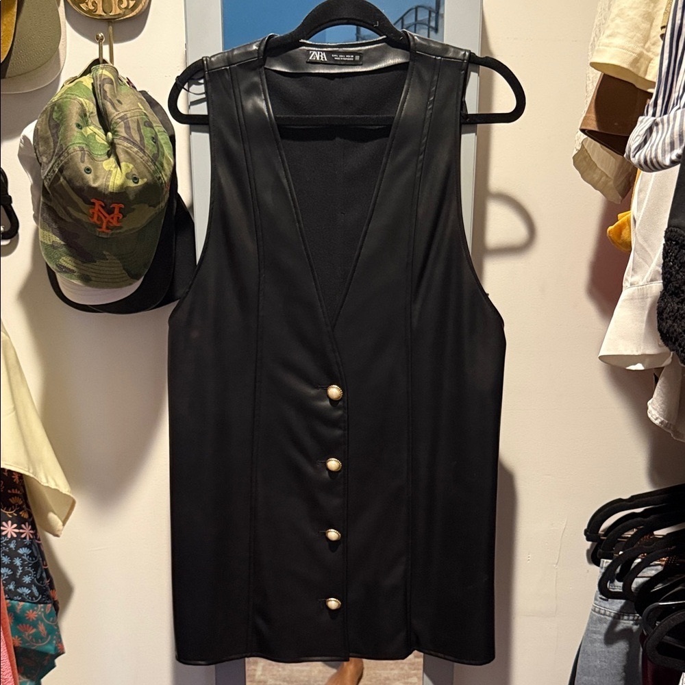 Zara Black Leather Vest Dress with Gold Accents